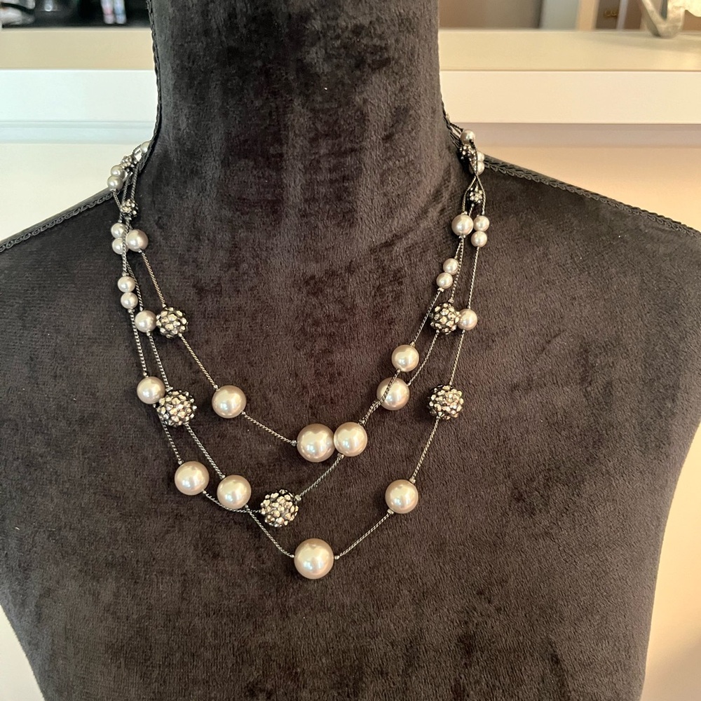 RMN (Roman) Faux pearl and pave beads 3 strand necklace